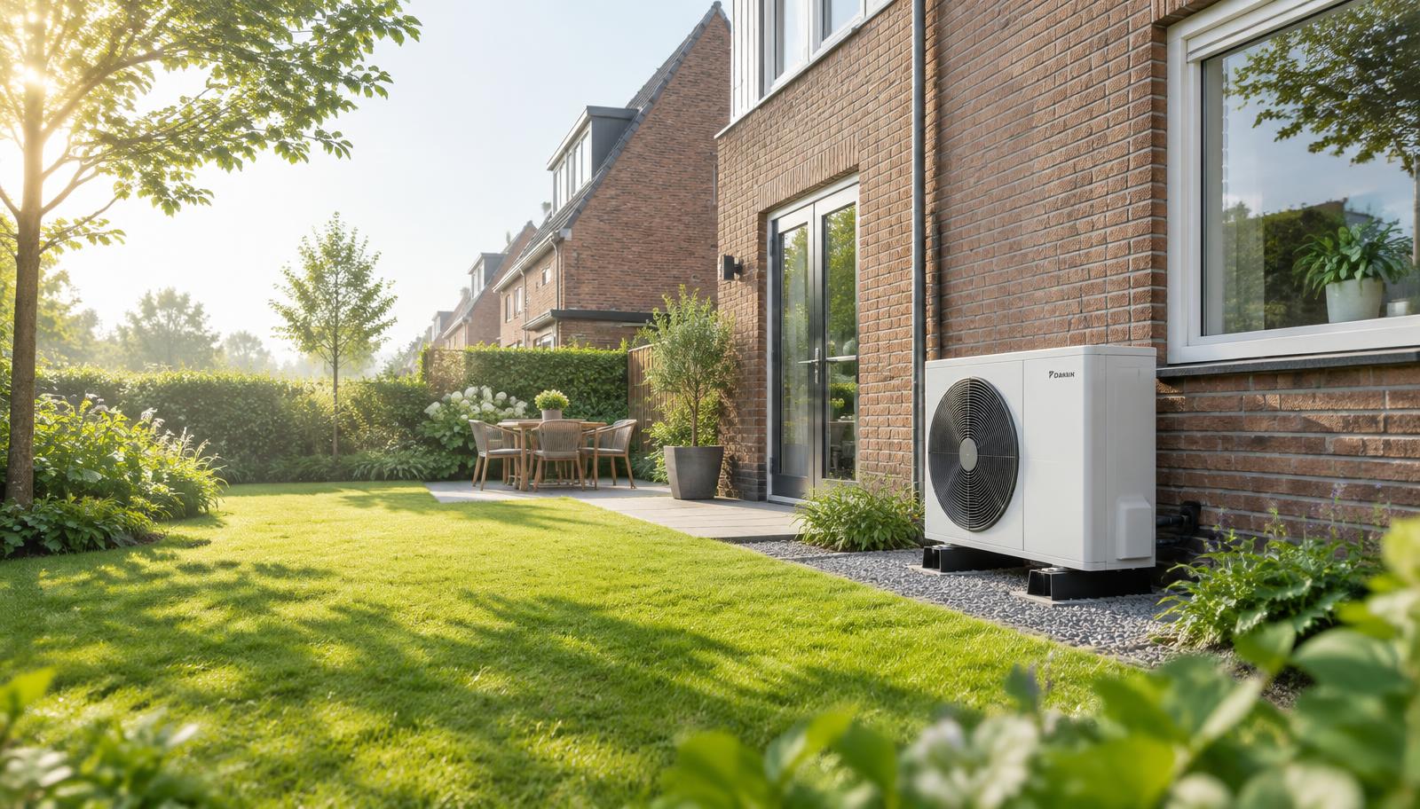Woning met warmtepomp in een groene tuin