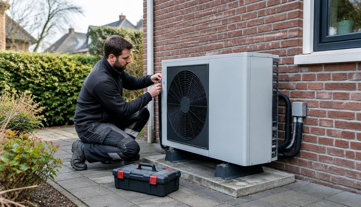 Monteur onderhoudt de buitenunit van een warmtepomp bij een bakstenen woning