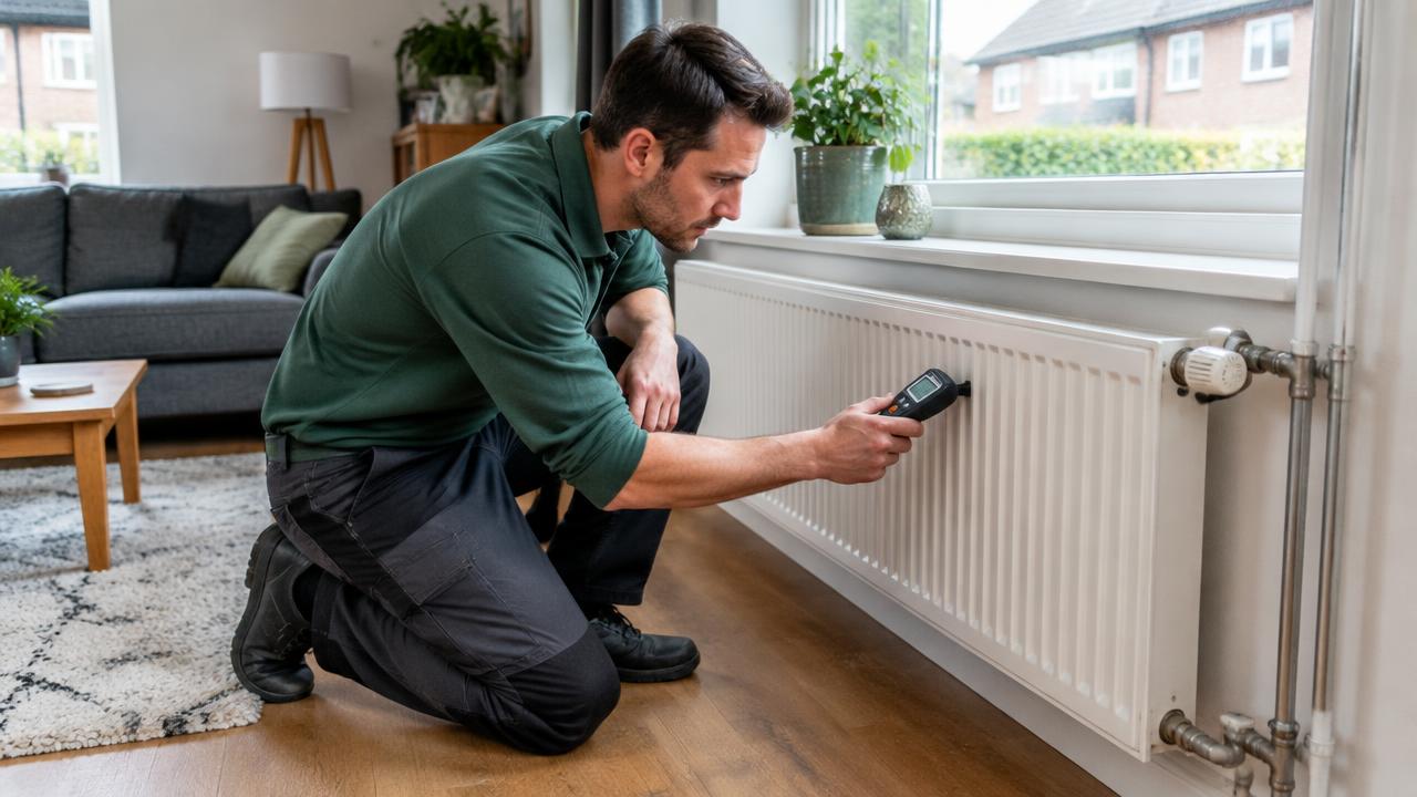 Monteur beoordeelt een radiator in een bestaande woning voor het warmtepompvermogen
