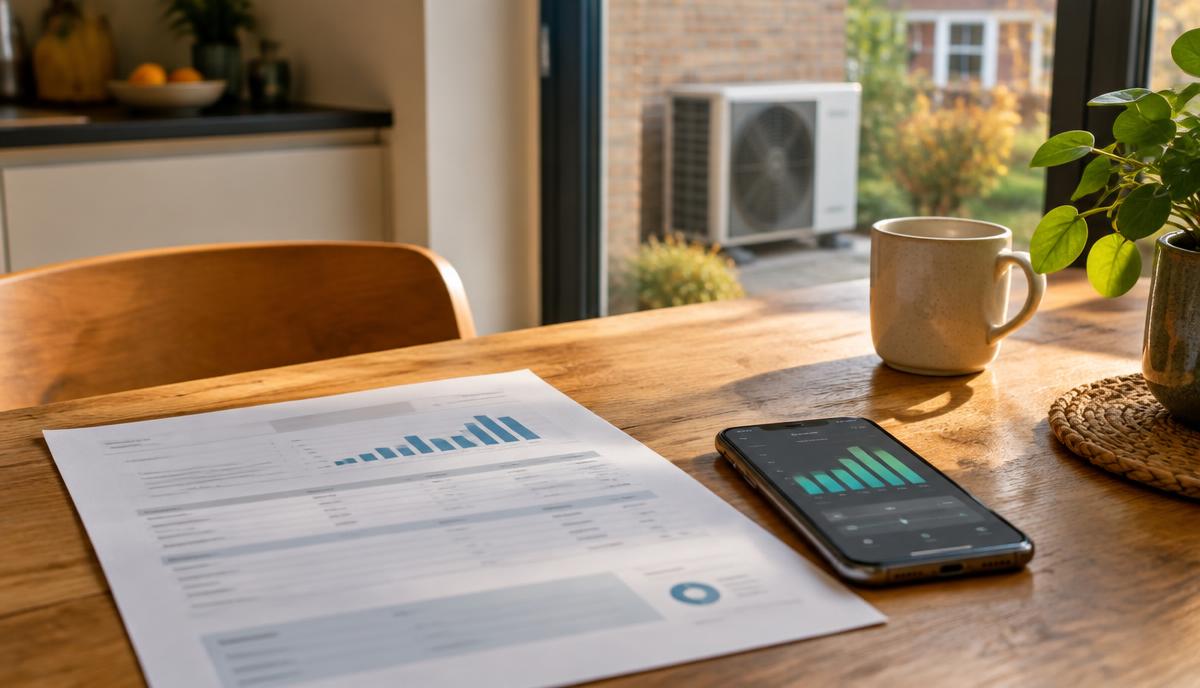 Energierekening en smartphone met verbruiksgrafiek op een houten keukentafel, met een warmtepomp-buitenunit in de tuin