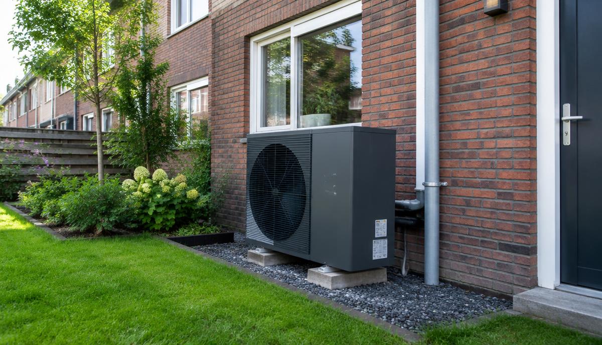 Buitenunit van een lucht-waterwarmtepomp naast een bakstenen rijtjeswoning